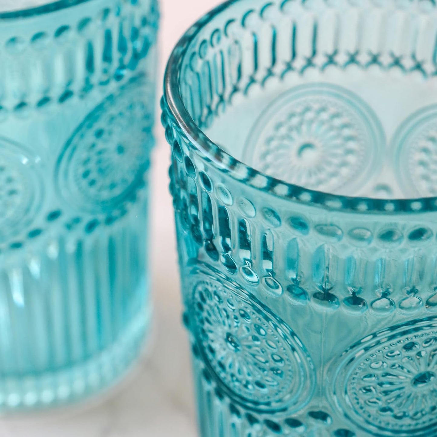 Kate Aspen Vintage Textured Aqua Blue Striped Drinking Glasses Set of 6-13 oz Ribbed Glassware with Flower Design | Cocktail Set, Juice Glass, Water Tumbler