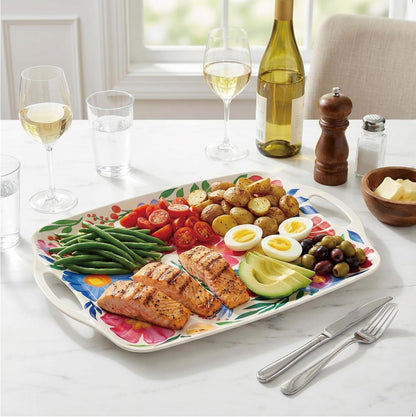 TP Large Serving Trays with Handles, 19" x 12" Melamine Serving Platters for Food, Turkey, Set of 2 Rectangular Trays for Party, Pure White