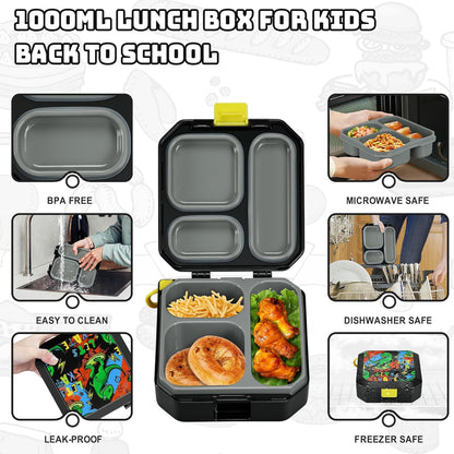 Itslife Bento Lunch Box Set for Kids with 12oz Soup Thermo&Lunch Bag, Leak-Proof Lunch Food Containers for Kids School, 5 Compartment, Sauce Cup, 10 Notes (Dinosaurs Black)