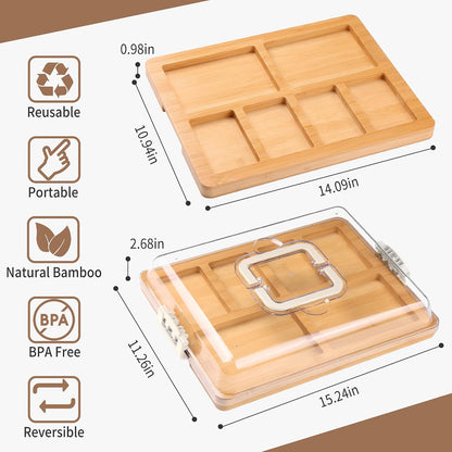 CAWIU Portable Travel Charcuterie Board with Lid and Handle - Large Bamboo Cheese Board with 4 Cheese Knife Set for Outdoor, Picnics - Weddings, House Warming Gift for Women (1 Compartment, White)
