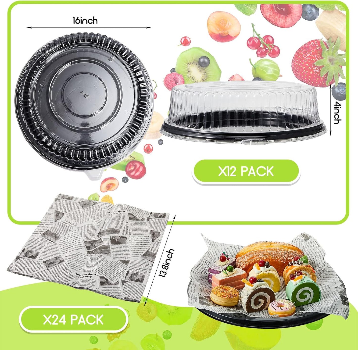 Tessco for you 12 Pack Heavy Duty Repeatedly Plastic Serving Tray with Lid and 24 Pcs Deli Wax Paper Sheets Sets Large Party Platters with Clear Lids Stackable Round Food Serving Trays (Black,16inch)
