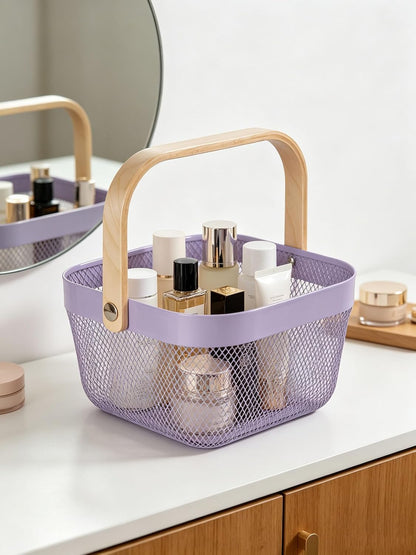 AJIODA Metal Mesh Wire Basket, Large Steel Basket with Wooden Handle Storage Organizer Basket Multi-functional Hanging Kitchen Baskets Fruit Baskets for Kitchen Bathroom Cabinet Pantry Snacks, Black