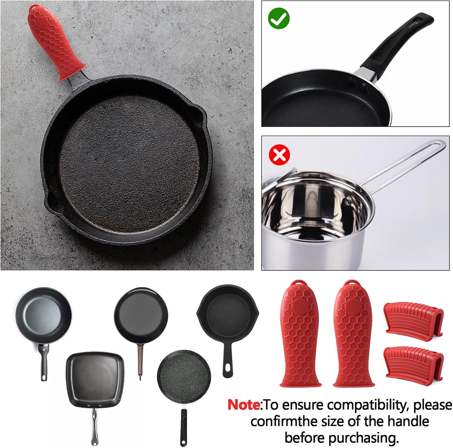 Bonsicoky 4 Pieces Silicone Hot Handle Holder Sleeve Set - Non-Slip, Heat Resistant Covers for Cast Iron Cookware - Perfect for Frying Pans, Casseroles, and Large Pots - Red