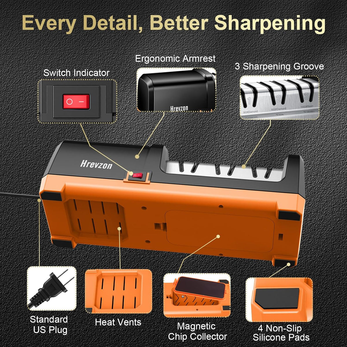 Electric Knife Sharpener 100% Diamond Abrasives, 3 Stages Knife Sharpener