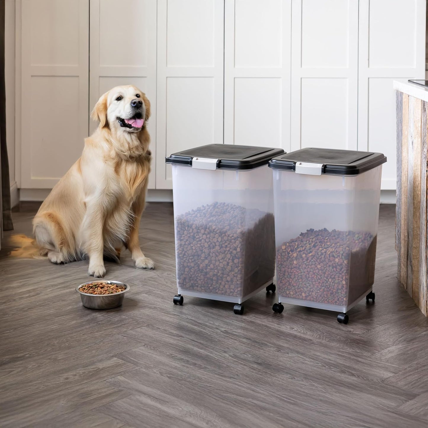 IRIS USA Dog Food Storage Container, 2 Pack, Up to 30 lbs Each, Airtight Seal for Freshness, Wheels for Rolling, Easy One Hand Opening, Made in USA, BPA Free, Clear/Black