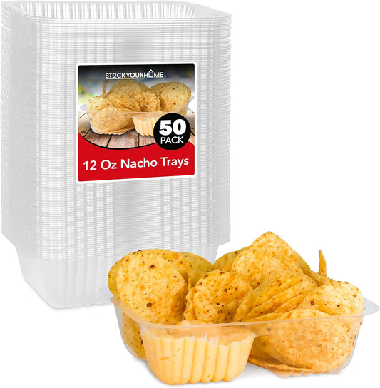 12oz Plastic Nacho Trays (100 Pack) Small Disposable Tray for Nachos & Cheese Dip, Concession Stand Supplies, Movie Night Snacks for Kids, Carnival Party Decorations, Food Boats, Snack Containers…