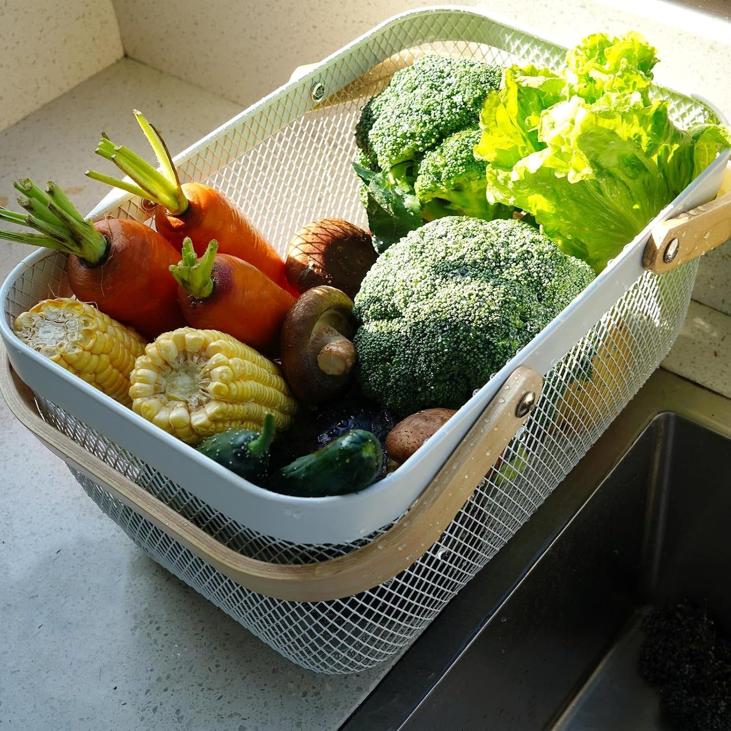 Metal Mesh Steel Harvest Basket, Rectangle Wire Garden Basket with Handle – Multi-functional Storage Organizer for Gathering Vegetables, Fruits, Kitchen, Garden, Picnic & Cabinet (Ivory)