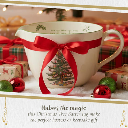 Spode Christmas Tree Batter Jug - Large 2 Quart Mixing Bowl with Handle & Spout, Holiday Bakeware for Pancakes, Cookies & More - Dishwasher Safe Earthenware with Interior Measurements