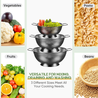 Bokon 3 Pcs Stainless Steel Colander Set Colander Bowl and Sieves 1/3/5 Quart Metal Mesh Strainer Net Basket with Handles Food Spaghetti Strainer for Kitchen Draining Pasta Rinsing(Gold)
