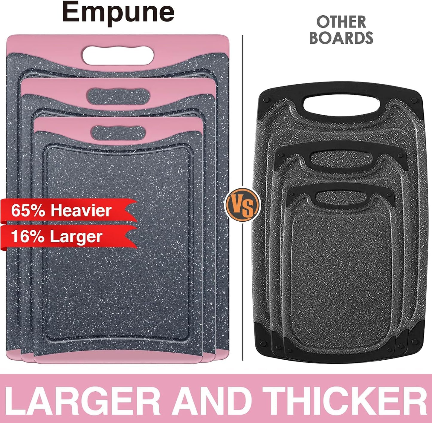 Extra Large Cutting Boards, Plastic Cutting Boards for Kitchen (Set of 3) Cutting Board Set Dishwasher Chopping Board with Juice Grooves Easy-Grip Handles, Dark Grey, Empune