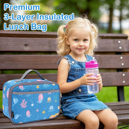FlowFly Kids Lunch box Insulated Soft Bag Mini Cooler Back to School Thermal Meal Tote Kit for Girls, Boys, Black