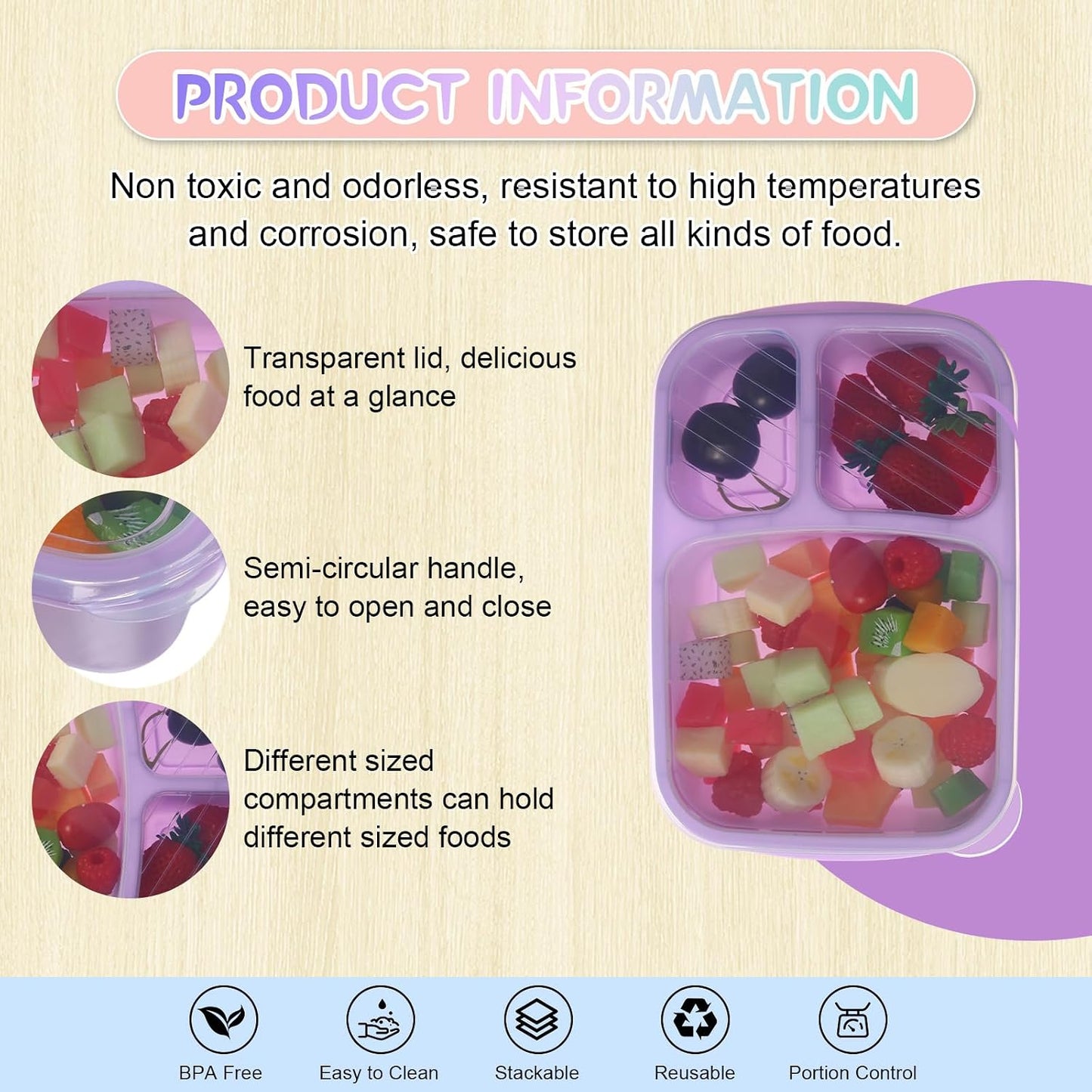 Honeydak 5 Pack Snack Containers 3 Compartment Bento Snack Boxes Divided Meal Prep Containers with Lids Reusable Adults Lunch Food Storage Box for School Work Travel(Elderberry)