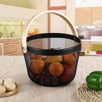 AJIODA Metal Mesh Steel Wire Basket, Round Storage Organizer Basket with Wooden Handle Multi-functional Hanging Kitchen Baskets Fruit Baskets for Kitchen Bathroom Picnic Decor Cabinet Home, White
