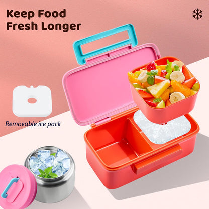 JXXM Bento Lunch Box for Kids With 8oz Thermo, Leakproof Bento Box with with 2 Compartments, Insulated Bottle, Lunch Bag, BPA Free Dishwasher Safe for School Girls Boys (Pink)