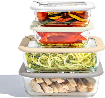 Bentgo Signature Leak-Proof Glass Food Storage - 4-Piece Set, 1-Compartment Plastic-Free Containers with Airtight Glass Lids, BPA-Free, Microwave, Freezer, Oven & Dishwasher Safe (White Stone)