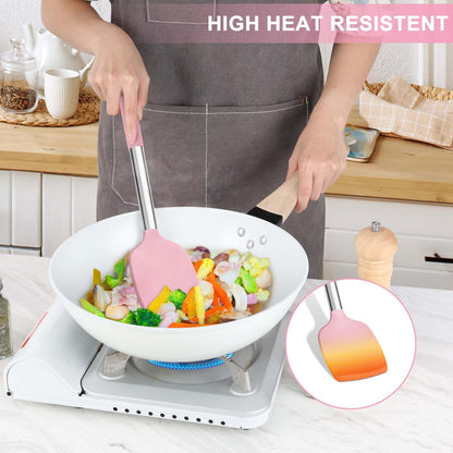 LIANYU 15 Pcs Kitchen Cooking Utensils Set with Holder, Silicone Kitchen Tools with Stainless Steel Handle, Heat Resistant Gadgets, Brush Spatula Spoon Whisk for Cookware, Dishwasher Safe, Khaki