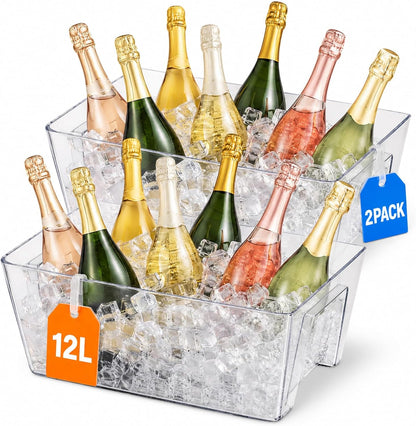 Tchrules 12L Clear Ice Bucket for Parties, 2 Pack (16.3x12.2x6.69 inch) | Large Portable Drink Bucket ,Champagne Cooler for Beverage/Wine/Beer, Mimosa Bar Supplies, Party & Bar Beverage Tub