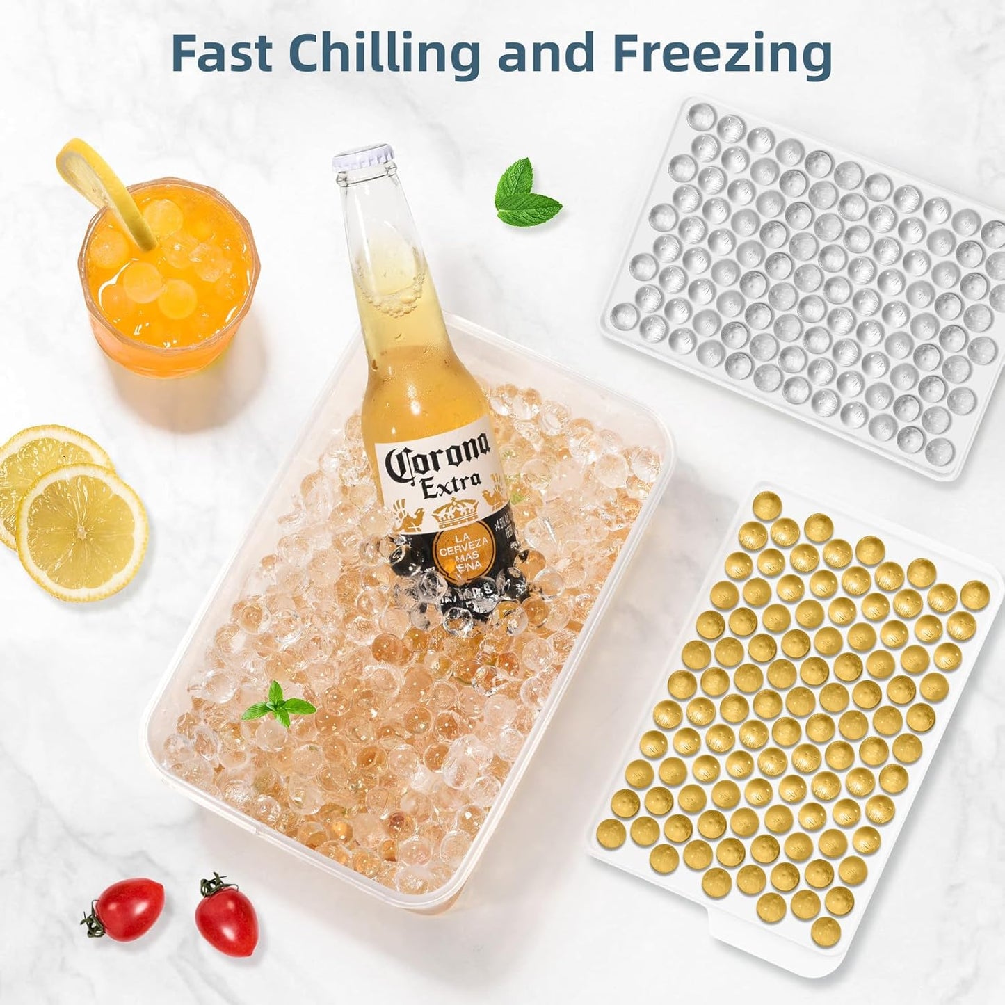 WIBIMEN Mini Ice Cube Trays, 0.55” Tiny Pebble Ice for Iced Coffee & Cocktails, Fast Chill, Easy Twist Release, Stackable with Lid & Storage Bin (2 Pack, Blue)
