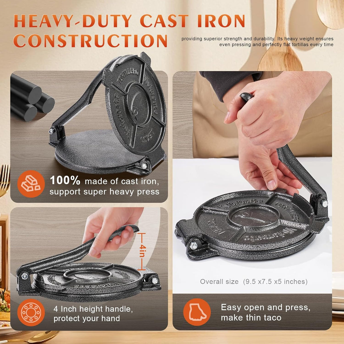 Vivicreate Tortilla Press 7.5 Inch Cast Iron Tortilla Maker Heavy Duty Tortilla Press Maker for Corn Tortillas Street Tacos Roti Chapati Dumpling Wrappers Empanadas Black