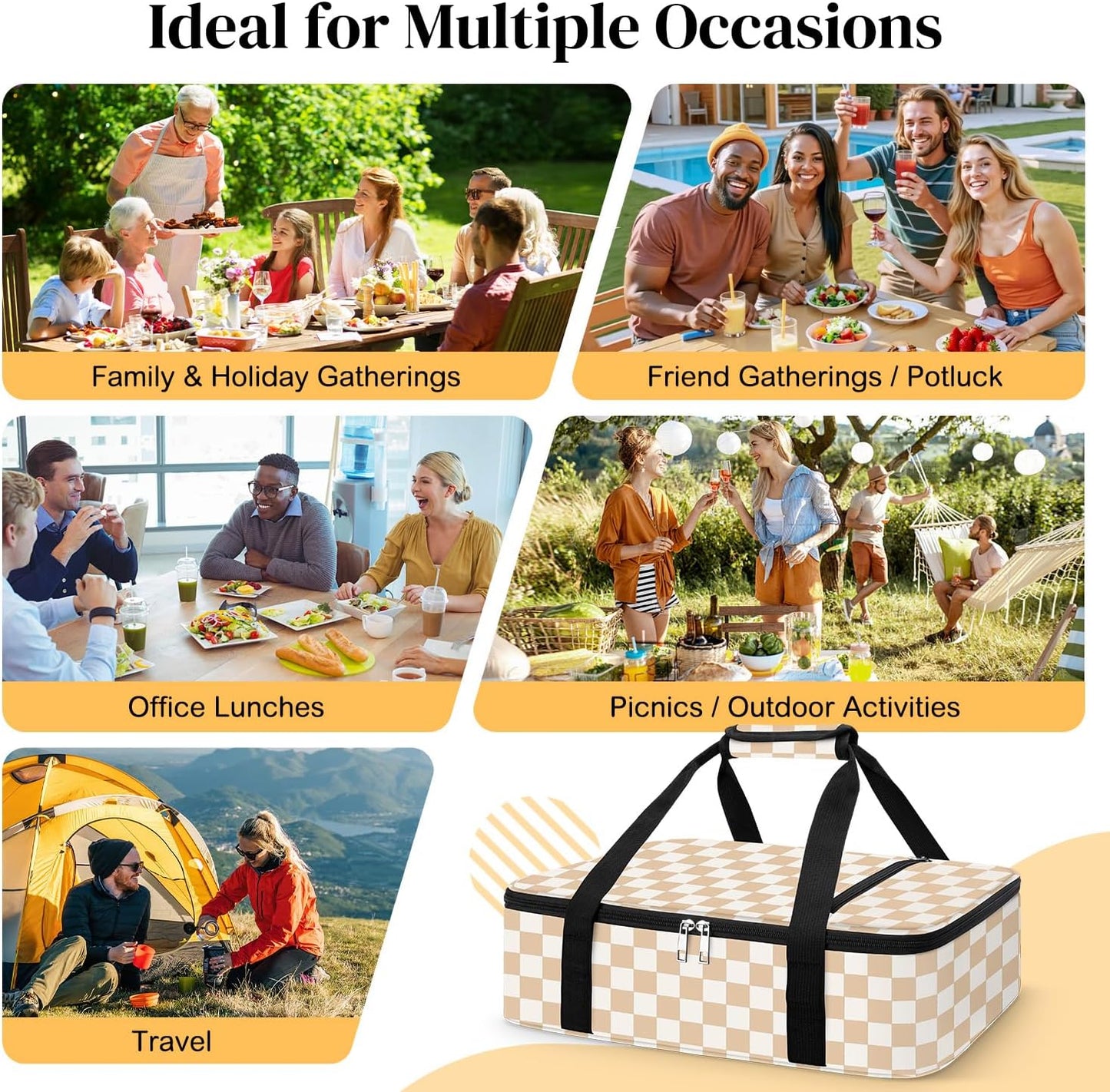 Coobiiya Insulated Casserole Carrier,Lasagna Lugger Tote Keeps Food Hot or Cold,Thermal Lunch Bag Warmer & Cooler Carrier Bag,Portable Tote Bag Fits 9" x 13" Baking Dish for Picnic and Cookout