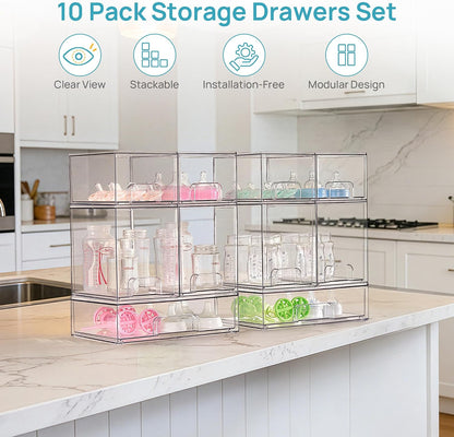 Vtopmart Stackable Storage Drawers Set of 5, Clear Plastic Organizer Bins for Baby Bottle, Beauty Supplies Storage, Ideal for Kichen Countertop, Vanity, Bathroom, Cabinet, Pantry Organization