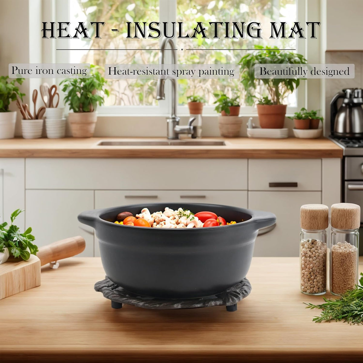 Cast Iron Trivet, 7.28 inch Metal Trivet for Hot Dishes, Heat-Resistant Decorative Trivets to Protect Dining Countertop or Kitchen Decoration with 2 Silicone Mini Pinch Mitts