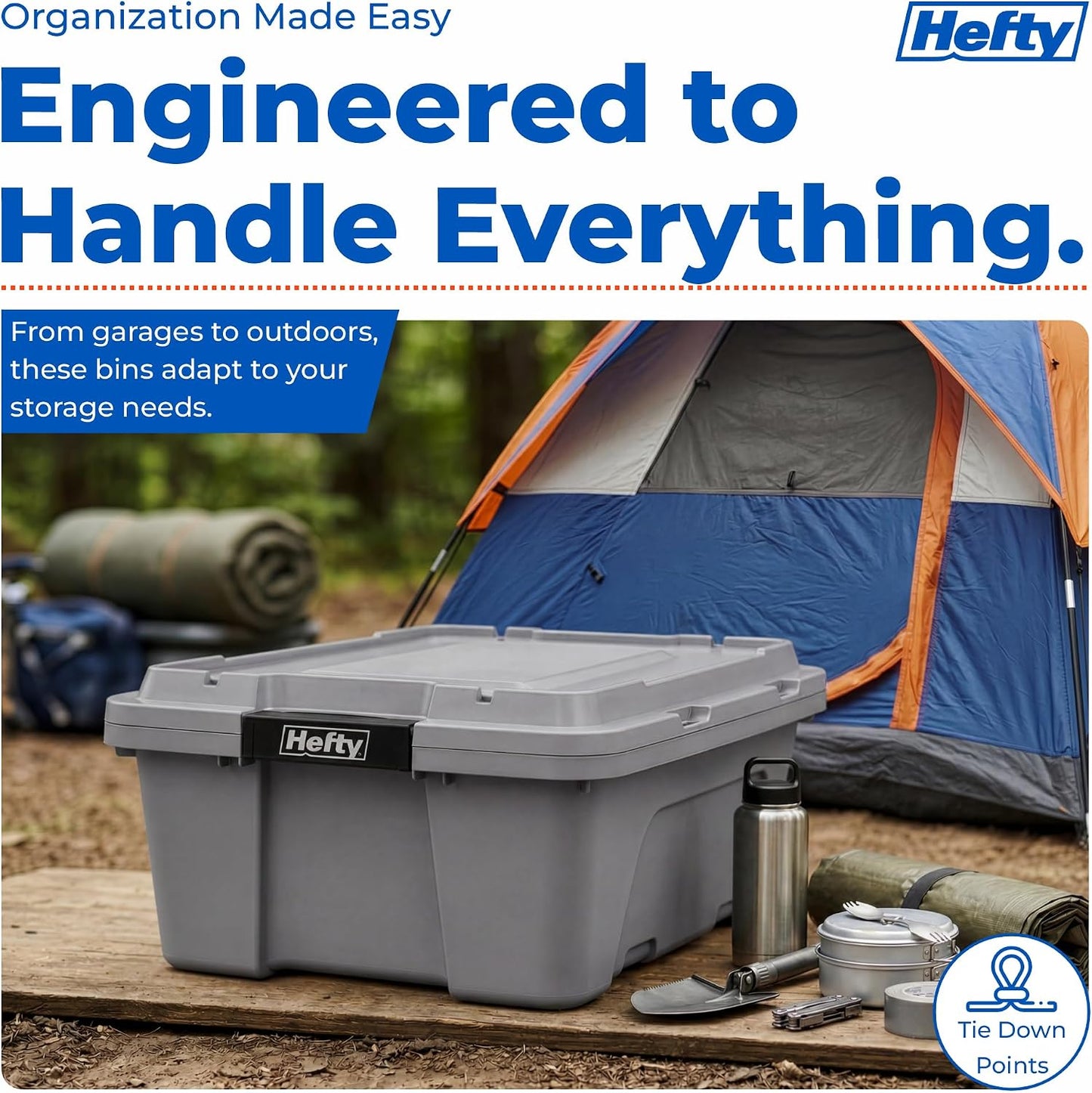 Hefty MAX Pro 12 Gallon Storage Bins with Latching Lids, Heavy Duty Stackable Plastic Storage Containers for Garage, Basement & Outdoor Use, Utility Storage Tote, 6 Pack, Gray
