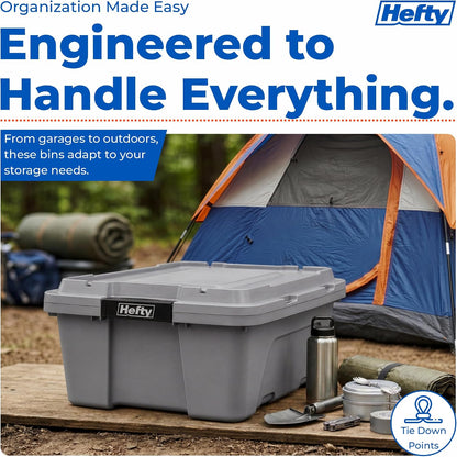 Hefty MAX Pro 12 Gallon Storage Bins with Latching Lids, Heavy Duty Stackable Plastic Storage Containers for Garage, Basement & Outdoor Use, Utility Storage Tote, 6 Pack, Gray