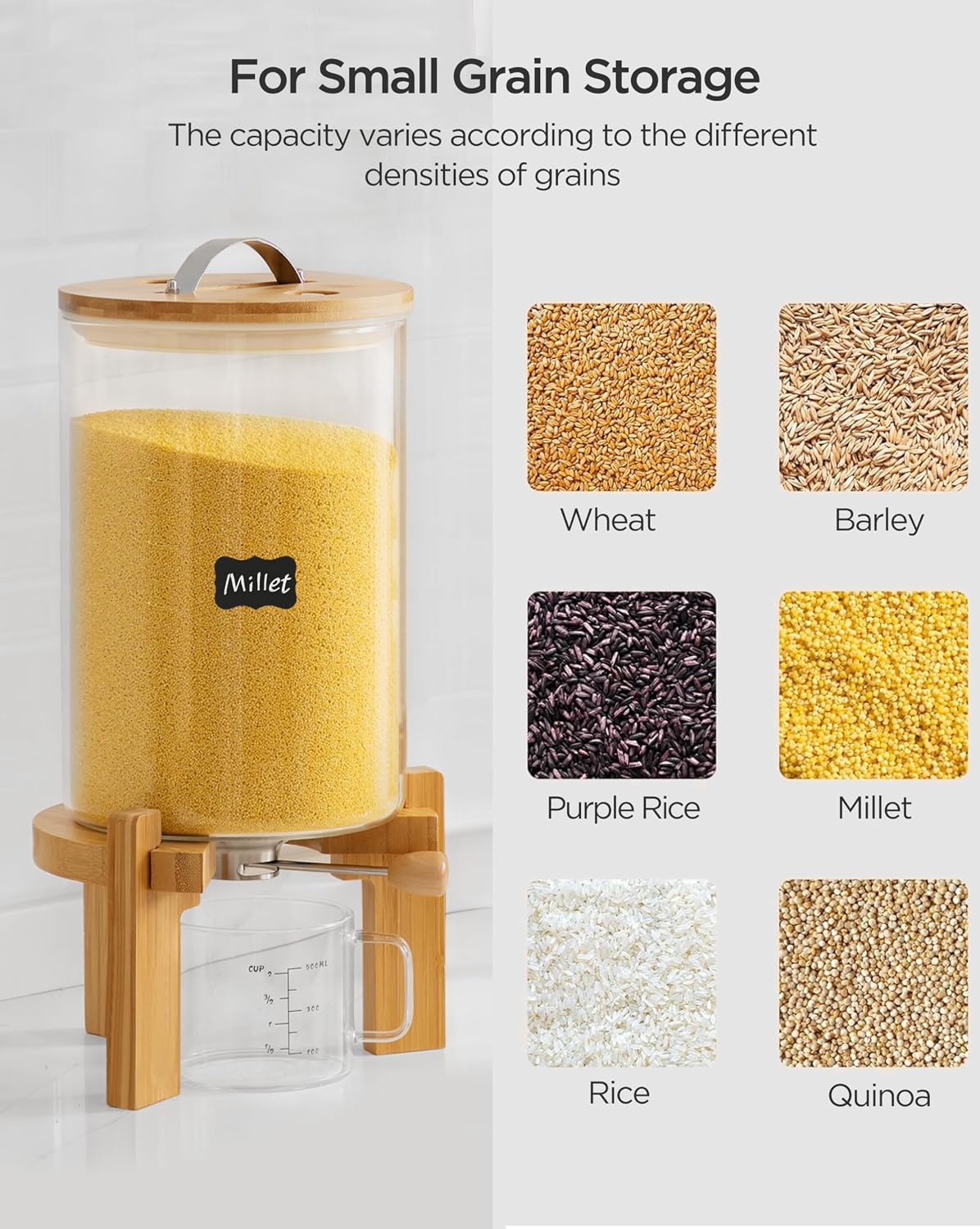 5-7 lbs Glass Rice Dispenser with Wooden Stand Flour and Cereal Container with Glass Measuring Cup & Labels & Slider mat Pantry Food Organization Storage Bin with Airtight Bamboo Lid, 3L