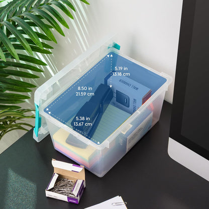 IRIS USA 12 Qt. Craft Storage Bins with Lids, 4-Pack, |Made in USA|, Clip Box, Medium Plastic Sensory Bin Tote Organizer Containers for Art Supplies, Paper, & Office, Stackable - Clear/Seafoam Blue