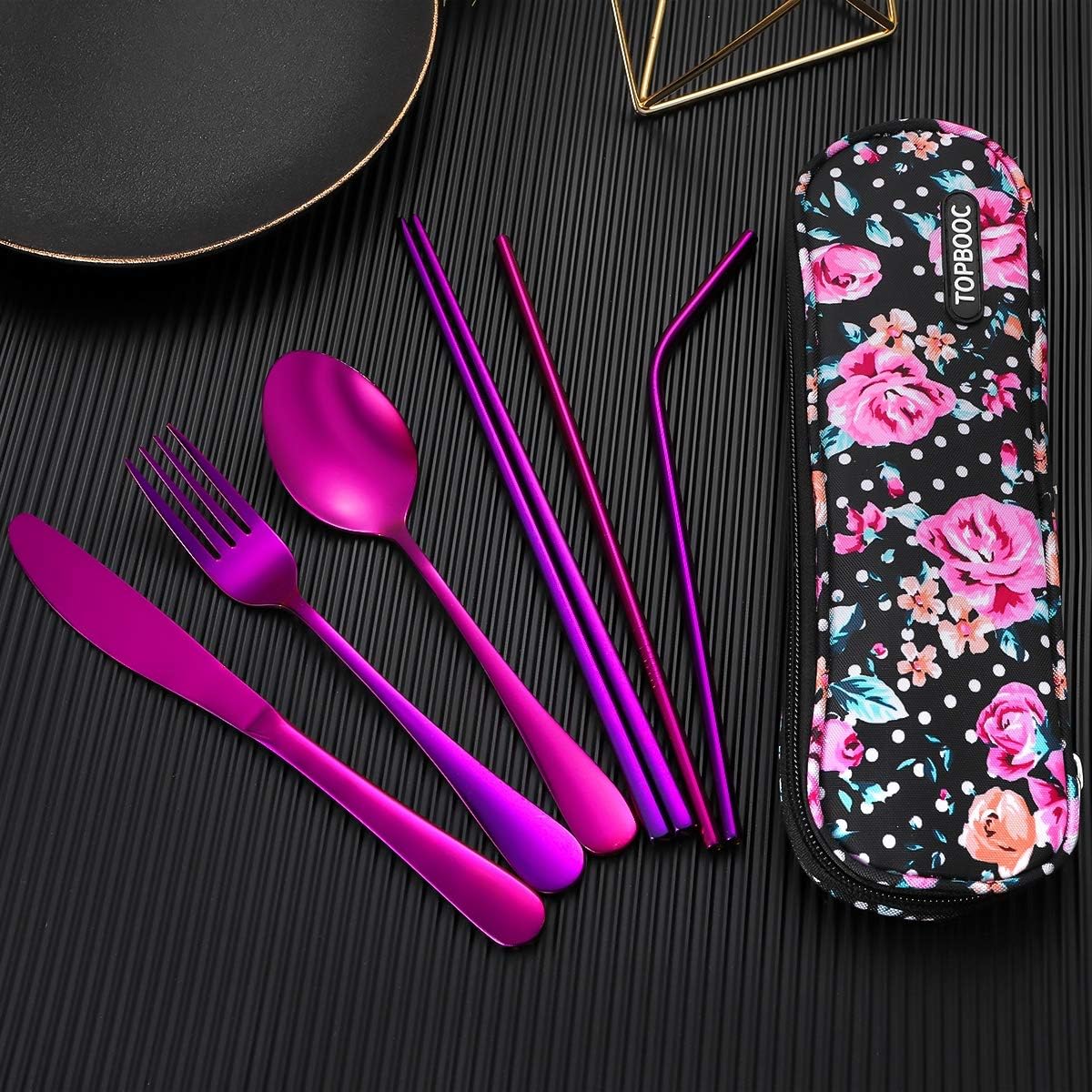 Travel Utensils,Reusable Silverware Set To Go Portable Cutlery Set with a Waterproof Carrying Case for Lunch Boxes Workplace Camping Picnic (Purple)