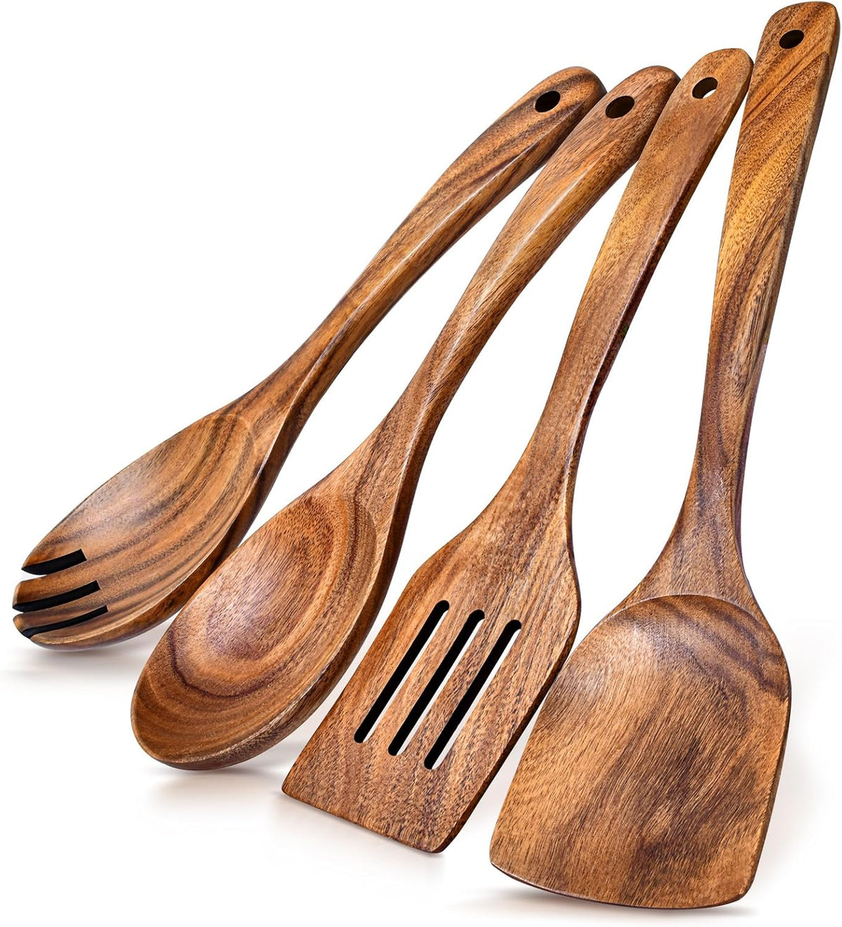 Wooden Spatula, Acacia Solid & Slotted Turner Spatula Set, Long Handle Flat Frying Spatulas, Ideal Kitchen Gift for Mother and Grandma, Kitchen Utensils Set for Cooking, Frying, Baking