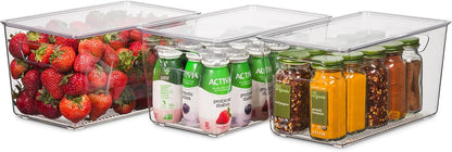 Set Of 12 Refrigerator Organizer Bins with Lids - Plastic Pantry Organization and Storage Baskets - Stackable Food Fridge Organizers with Cutout Handles for Freezer, Kitchen, Countertops, Cabinets