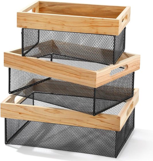 Honeydak 3 Pcs Metal Wire Baskets Stackable Wooden Countertop Baskets for Kitchen Large Wooden Storage Organizer for Pantry Farmhouse Decor Mesh Storage Organizer Bins for Laundry Room Bathroom Closet