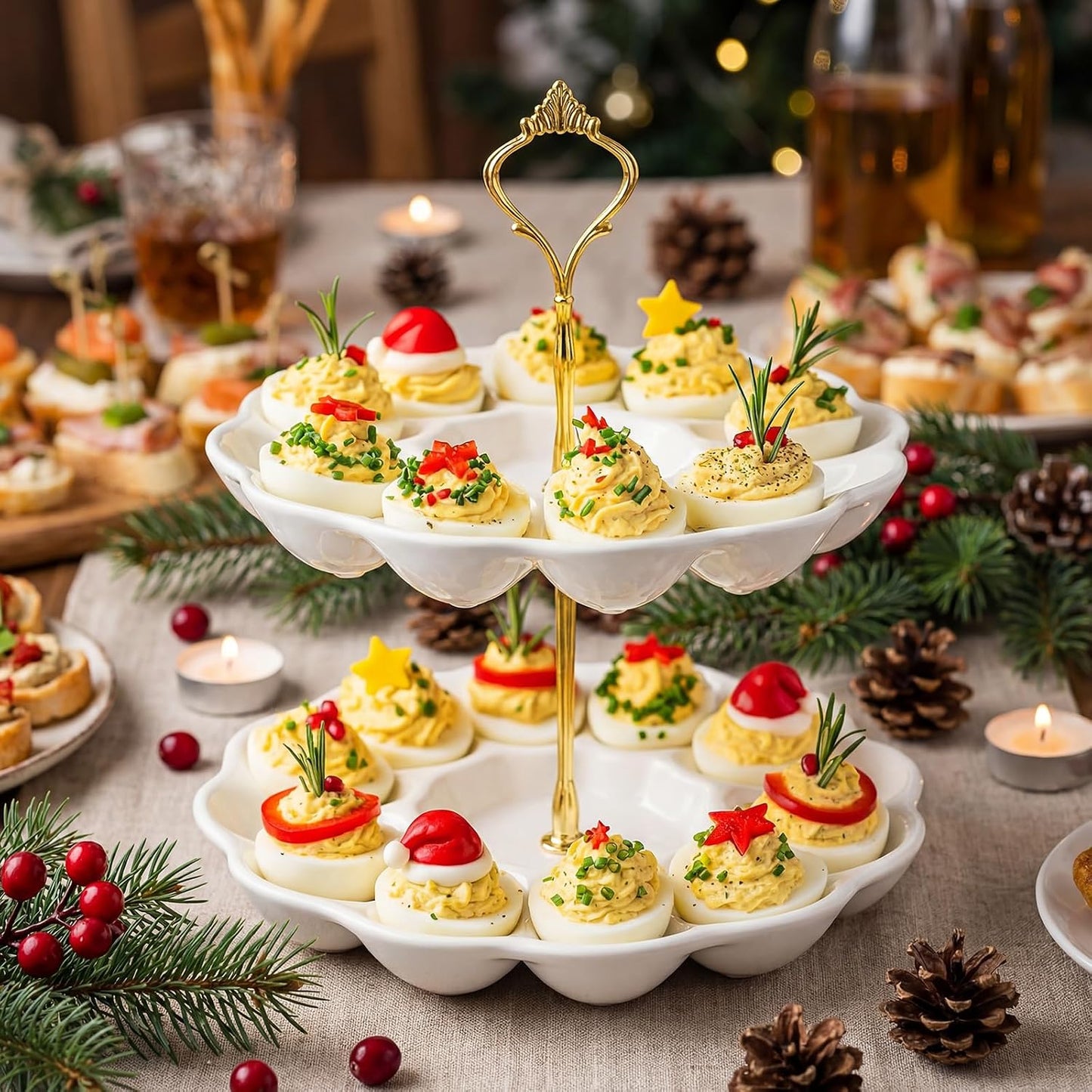 Potchen Multi Tier Ceramic Deviled Egg Platter Deviled Egg Tray Container, Detachable Eggs Holder Tower Wedding Party Food Container for Kitchen Countertop Microwave Dishwasher Freezer(Flower,3 Tier)