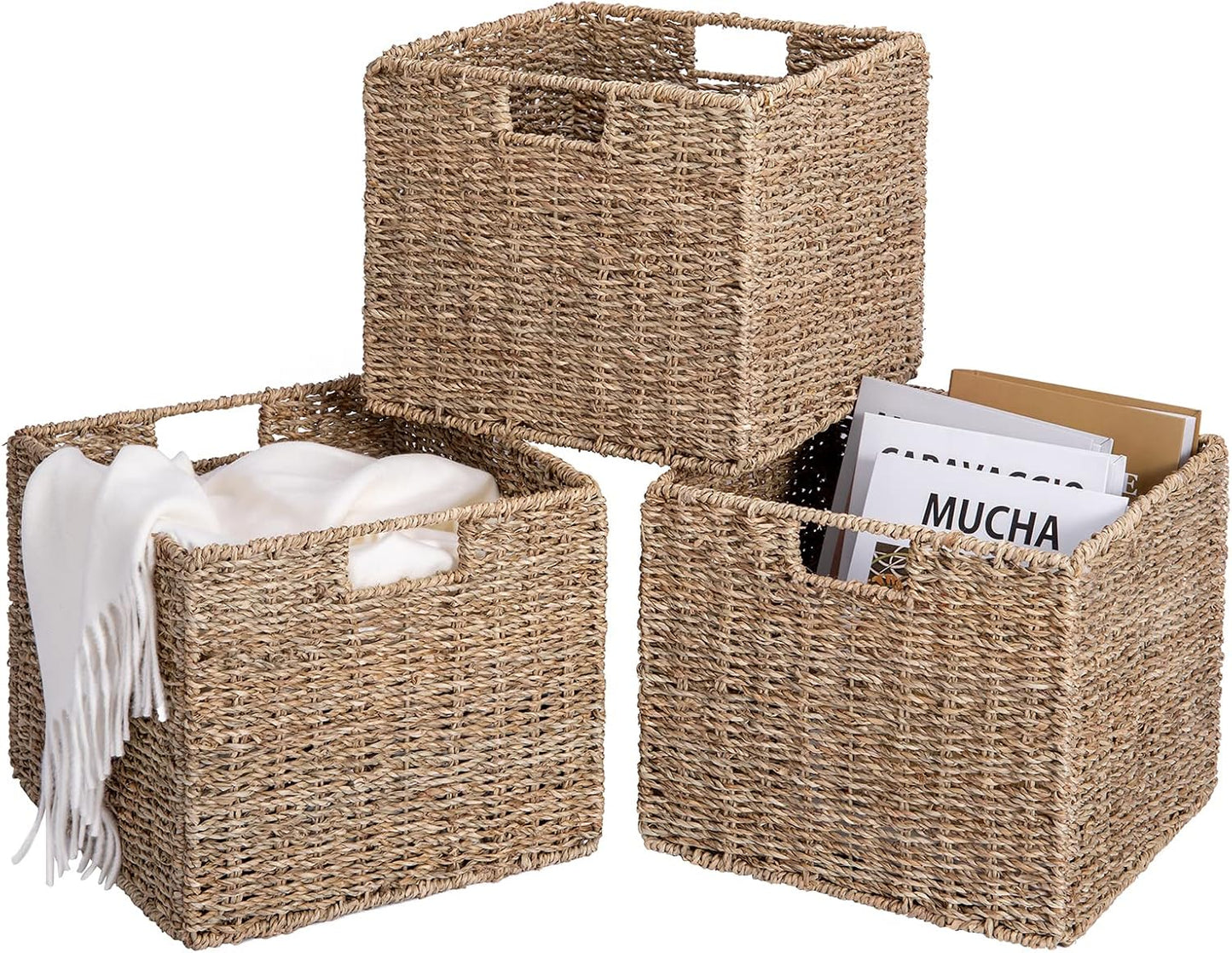 12x12x10in Water Hyacinth Storage Basket Large, Folding Cube Woven Wicker Storage Basket for Shelves, Pantry Baskets Organization and Storage, Kitchen Storage Baskets, Large Rattan Basket Set of 3