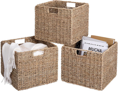 12x12x10in Water Hyacinth Storage Basket Large, Folding Cube Woven Wicker Storage Basket for Shelves, Pantry Baskets Organization and Storage, Kitchen Storage Baskets, Large Rattan Basket Set of 3
