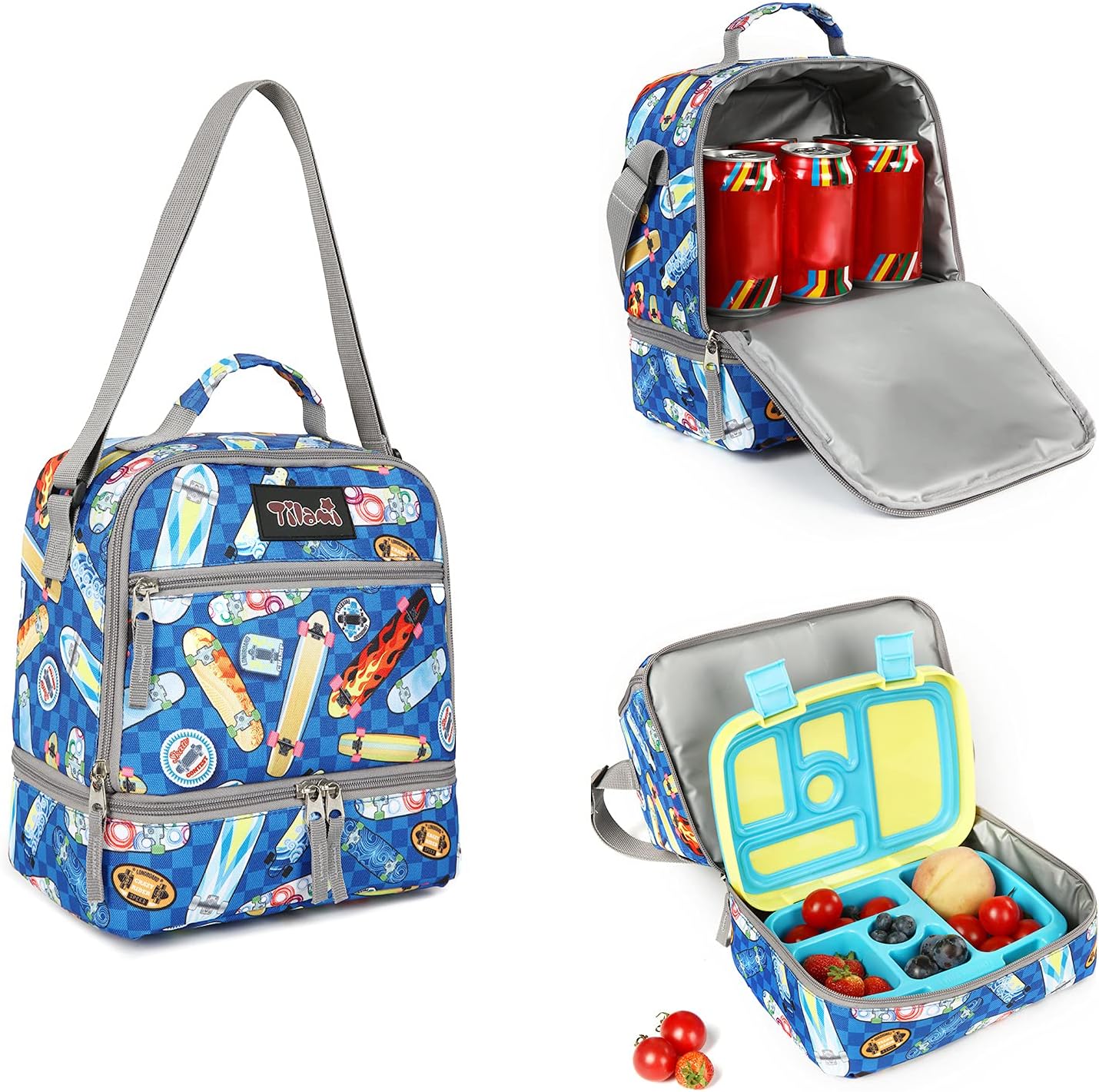 Tilami Lunch Bags Insulated Adjustable Strap Zipper, Two Compartments Cooler Bags, Bento Bags for Kids Toddlers (Blue)