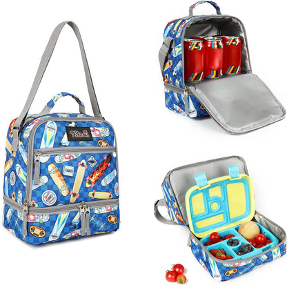 Tilami Lunch Bags Insulated Adjustable Strap Zipper, Two Compartments Cooler Bags, Bento Bags for Kids Toddlers (Blue)