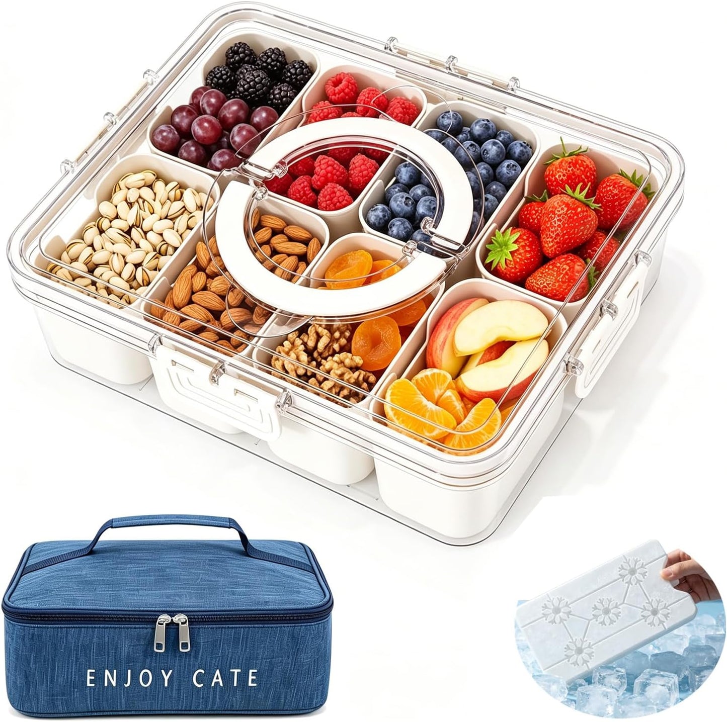 Chilled Snackle Box Container with Ice Pack, Divided Serving Tray with Lid & Handle Portable Snack Tackle Box Container with Insulated Bag 8 Compartment Clear Snacklebox for Beach Road Trip Picnic