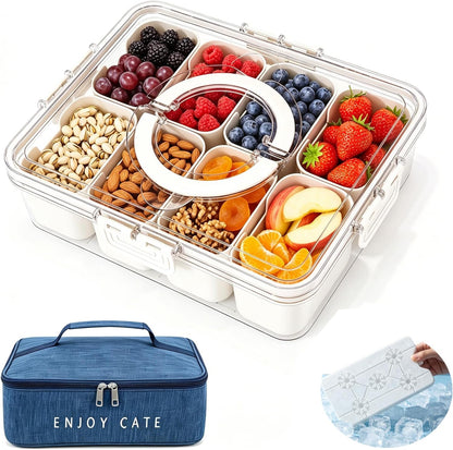 Chilled Snackle Box Container with Ice Pack, Divided Serving Tray with Lid & Handle Portable Snack Tackle Box Container with Insulated Bag 8 Compartment Clear Snacklebox for Beach Road Trip Picnic