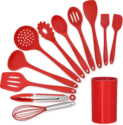 LIANYU 12-Piece Silicone Kitchen Cooking Utensils Set with Holder, Kitchen Tools Include Slotted Spatula Spoon Turner Ladle Tong Whisk, Dishwasher Safe, Dark Blue