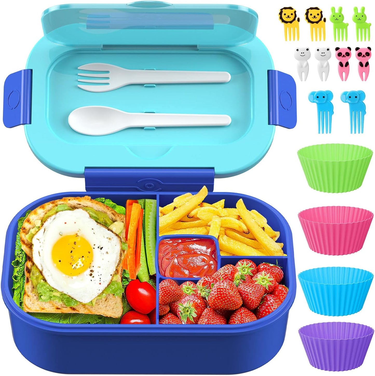 Lunch Box Kid Adult Bento Box, 4-Compartment Food Lunch Containers with Fork & Spoon, BPA Free, Leak-Proof Bento-Style Lunch Box for Work School, Microwave & Dishwasher Safe (Candy)