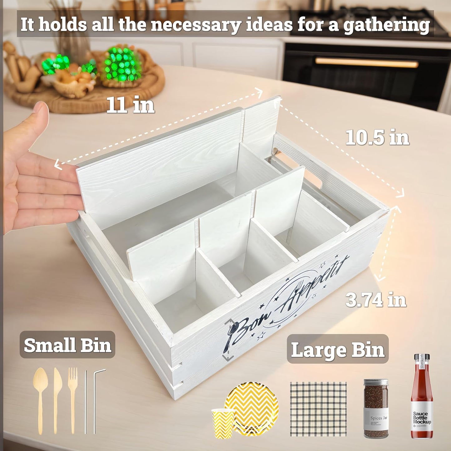 Utensil Holder for Party Farmhouse Crate Look - White Napkin Paper Plate Dispenser for Countertop - Silverware Caddy for Plate, Cup, Fork, Spoon - Flatware Box Organizer for Outdoor Camping Picnic