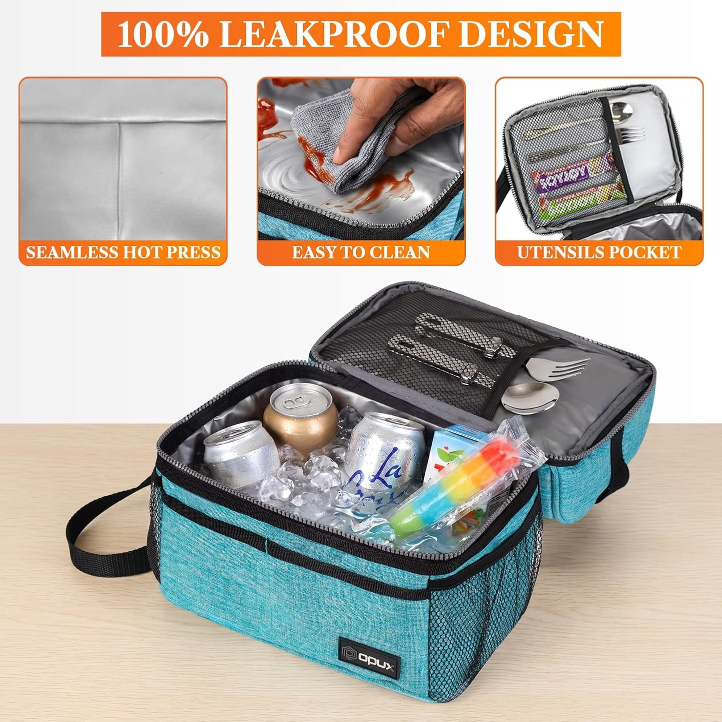 opux Insulated Lunch Bag for Men Women, Double Decker Leakproof Lunch Box Cooler Tote with Shoulder Strap, Large Lunchbox for Work School Travel Meal Prep, Adults Kids Boys Girls, Green, 16 Cans