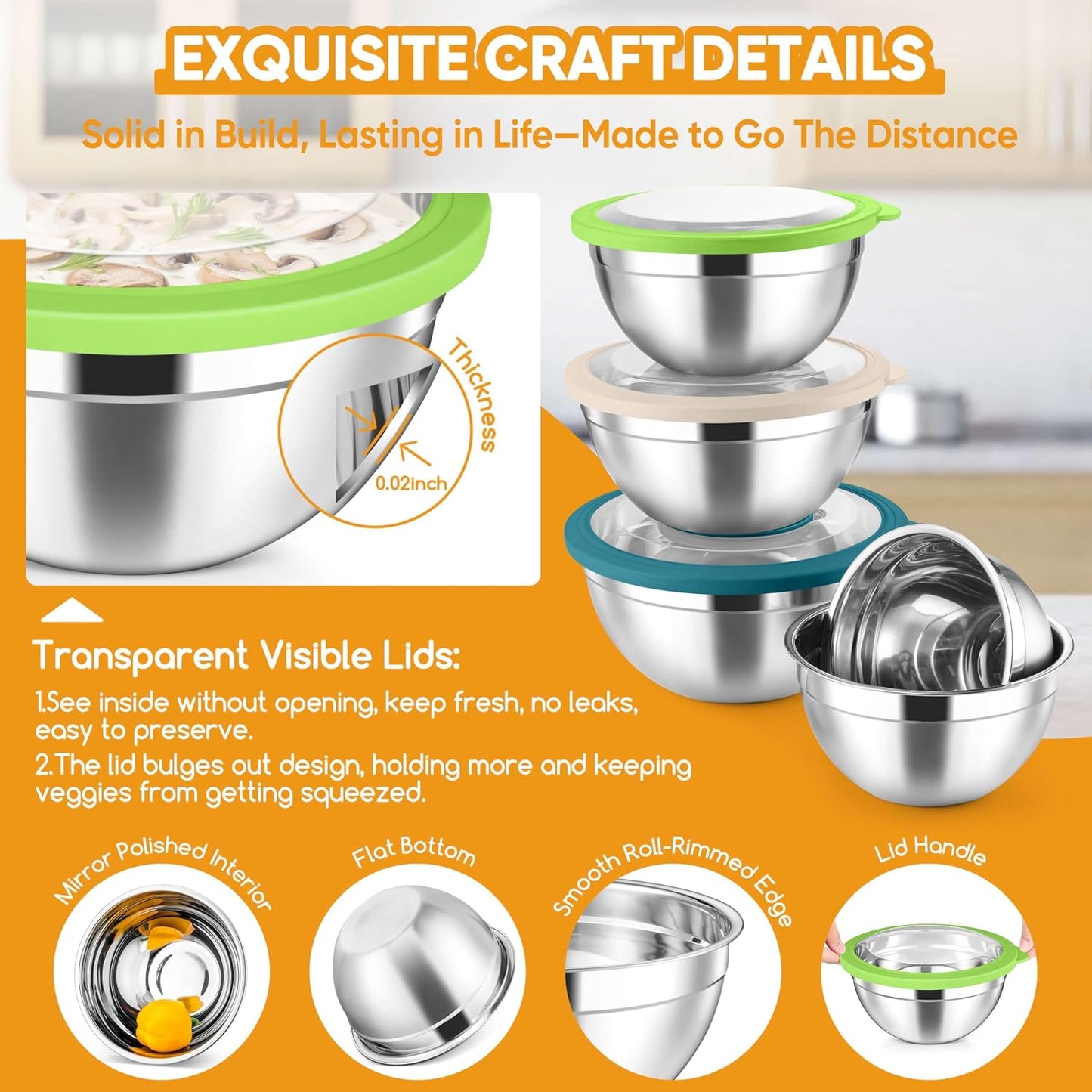 Herogo 5-Piece Mixing Bowls with Airtight Lids, 3 Grater Attachments, Stainless Steel Salad Serving Bowls for Kitchen, Size 4.6, 3.5, 2.5, 2, 1.5QT Ideal for Prepping & Cooking, Black
