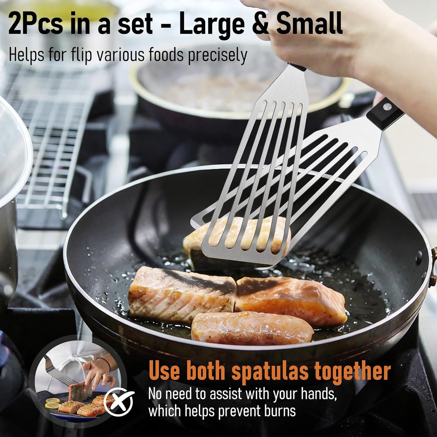 2Pcs Fish Spatula Metal Spatulas (Large & Small), Joyfair Stainless Steel Kitchen Slotted Utensils Cooking Turner for Flipping Turning Frying Grilling, Full Tang Blade & Curved Tip (ABS Handle)