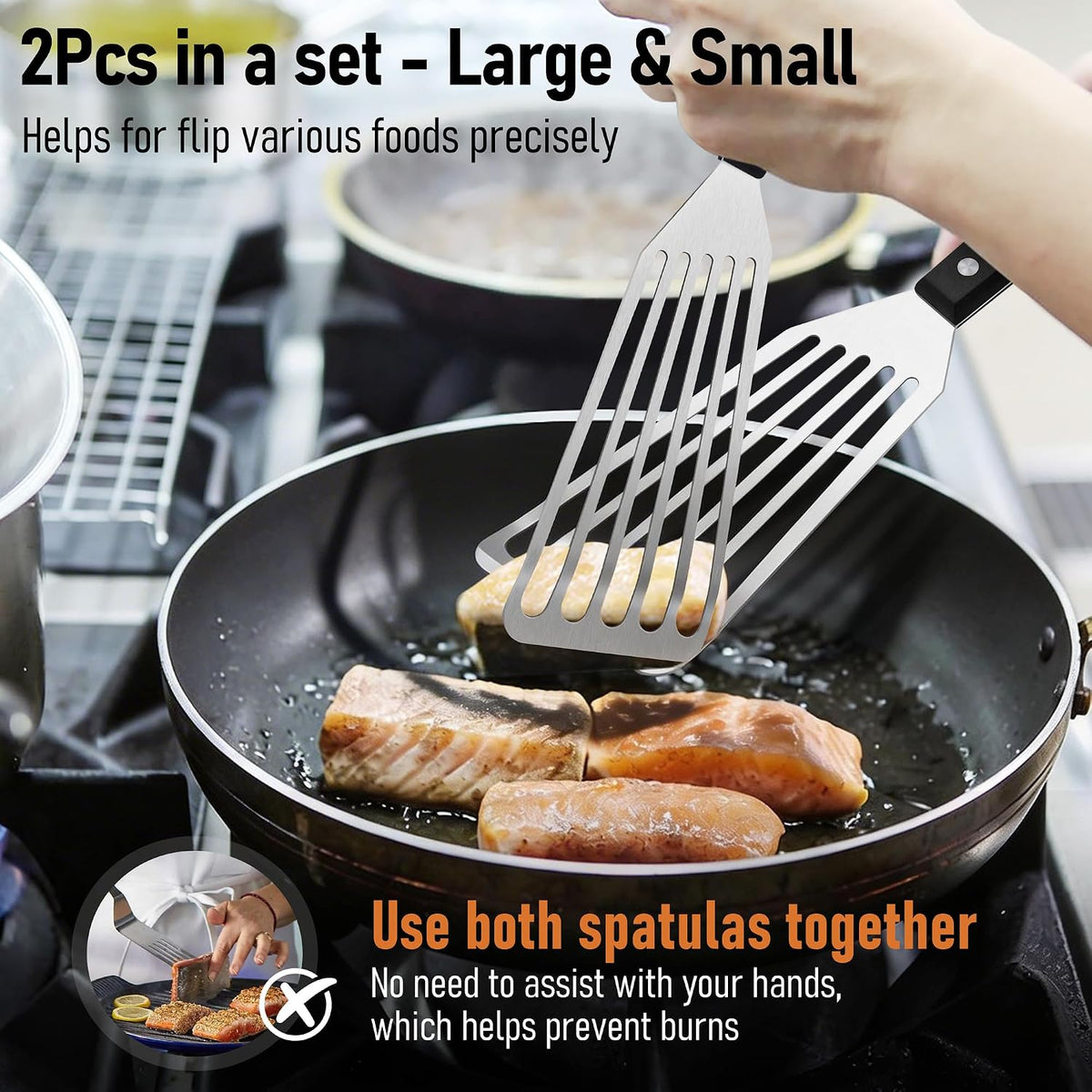 Joyfair Metal Fish Spatulas, 2 Pcs Stainless Steel Turner (ABS Handle) | Flexible Blade, Dishwasher Safe, Slotted Turner Utensil for Kitchen Cooking & Outdoor Griddle Grilling Flipping, Large&Small
