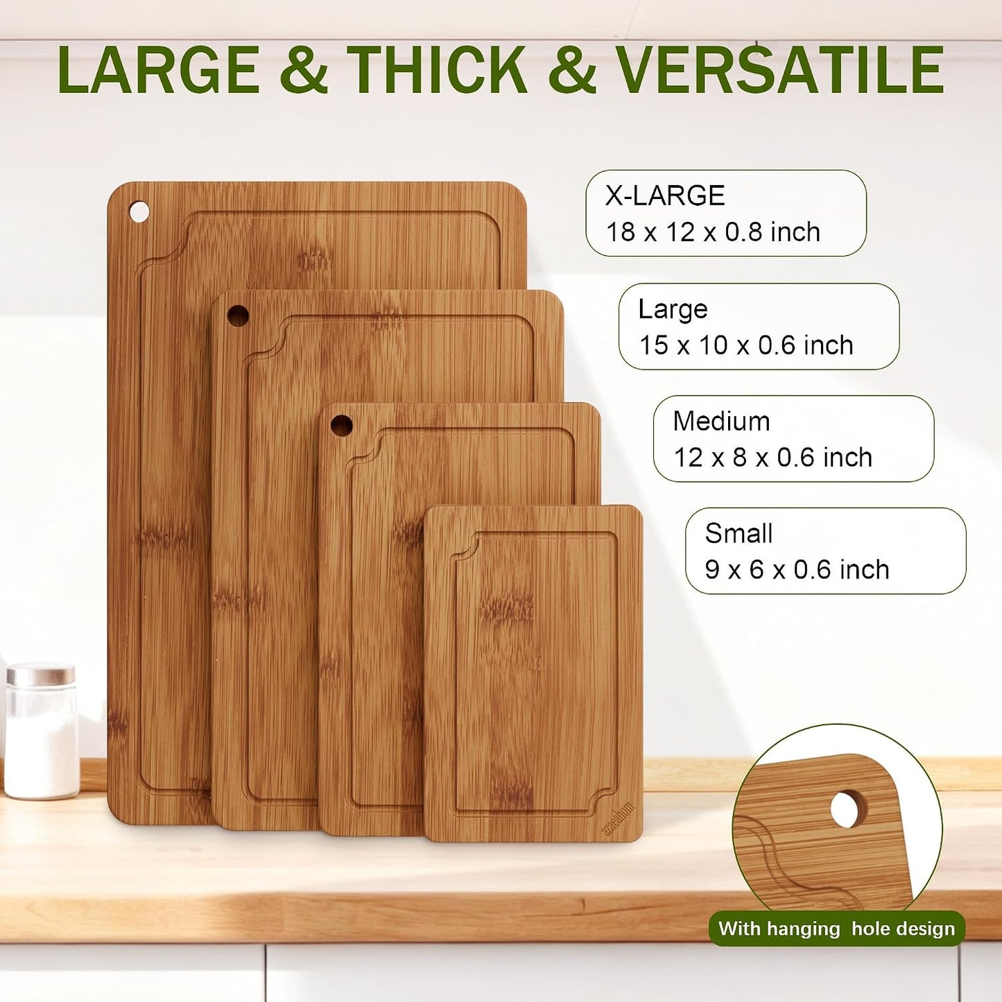 Bamboo Cutting Boards for Kitchen, Wood Cutting Board Set with Juice Grooves & Built-in Handles, Large Medium Small Chopping Board for Meat, Vegetables, Fruit