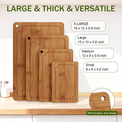Bamboo Cutting Boards for Kitchen, Wood Cutting Board Set with Juice Grooves & Built-in Handles, Large Medium Small Chopping Board for Meat, Vegetables, Fruit